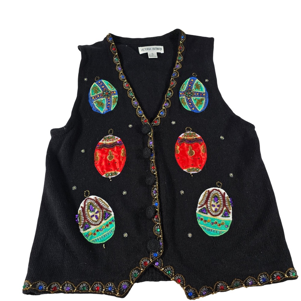 Victoria Woman Vintage Easter Egg Beaded Knit Sweater Vest Black 1X
